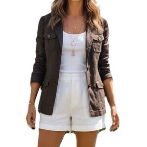 Theory Womens Sz 6 Meryl Safari Shirt Jacket Brown Button Up Linen Blend L/S